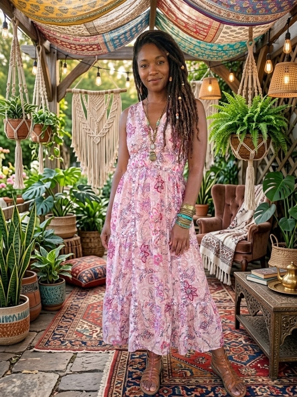Umgee Pink, Coral, Multi, Midi Dress with Tiered Skirt
